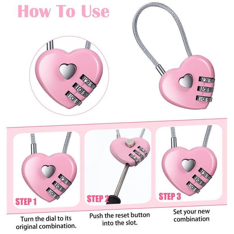3 Pack Cute Locker Lock, Combination Locks Heart Shape Gym