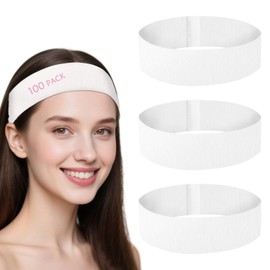 Beauty Star 100 Pieces Disposable Headbands for Spa, Stretchable Non Woven Fabric Bulk Esthetician Facial Head Bands for Women's Hair, Skincare, Makeup, Washing Face (White)