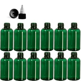 Premium Essential Oil 2 Ounce Boston Round Bottles, PET Plastic Empty Refillable BPA-Free, with Black/Natural Twist Top Caps (Pack of 12) (Green)