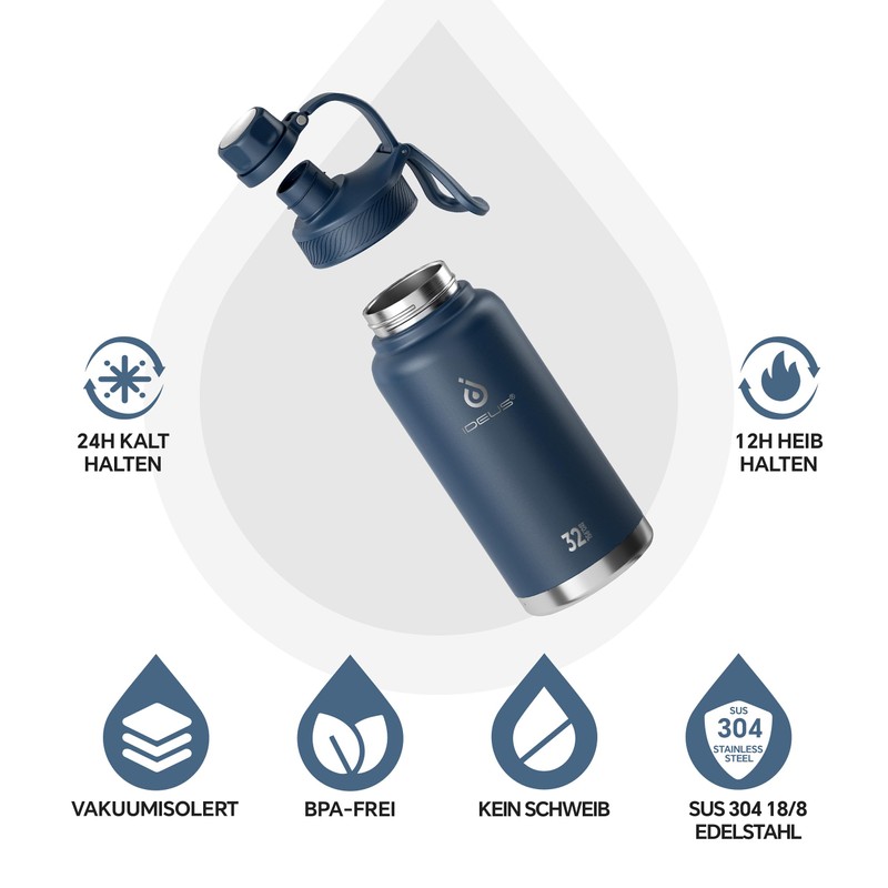 IDEUS Vacuum Insulated Water Bottle, 32 oz (950 ml) Stainless