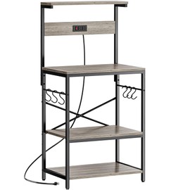 SUPERJARE Kitchen Bakers Rack with Power Outlet, Coffee Bar Table 4 Tiers, Kitchen Microwave Stand with 6 S-Shaped Hooks, Kitchen Storage Shelf Rack for Spices, Pots and Pans - Greige
