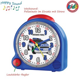 JACQUES FAREL HappySound Soundwecker Kinderwecker Blau mit Polizei Sound Sirene, Lautstärkeregelung Analog Quarz Licht AVC 05POL