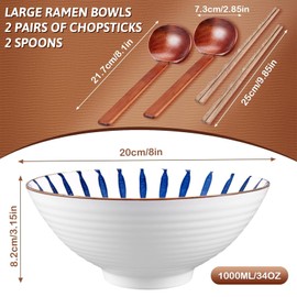 YTLEMON Ramen Bowls Set of Ceramic, 2 Sets of 34 Ounces Large Japanese Serving Bowls with Chopsticks and Spoons for Pho, Dinnerware for New Apartments Suitable as Housewarming Gifts(White)