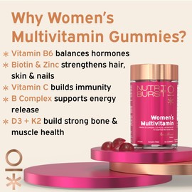 Nutriburst Women’s Multivitamin Multipack - Hormone Regulation & Collagen Formation - Contains 15 Micronutrients; B5, B6, B12, A, C, D - Vegan & Sugar Free - 3 x 60 Berry Gummies - 3 Mon Supply