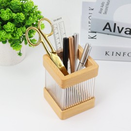 Multibey Desktop Pen Holder, Aesthetic Acrylic Compartments Pen Pot, Cute Square Pen Cup, Durable Desktop Office Supply Stationery Organizer, Stylish Office Decor Pen Stand (Beech Wood)