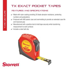 Starrett Exact Retractable Imperial Pocket Tape Measure with Nylon Coating, Self Adjusting End Hook, and Steel Belt Clip - 1/2" Width, 12' Length - KTX12-12-N