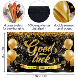 BRAVITA Good Luck Banner - We Will Miss You - Farewell Party Decorations - Black & Gold - 5ft x 3ft