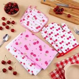 Hahafelt 6 Pcs Cherry Kitchen Decor Accessories Include 2 Cherry Towels 2 Pink Pot Holder 2 Cute Oven Mitt for Kitchen Bathroom Decor Baking Cooking Housewarming Gift