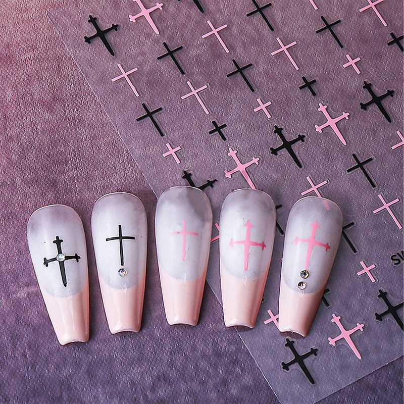 CHANGAR Cross Nail Stickers, Black Cross Nail Decals Gothic Cross