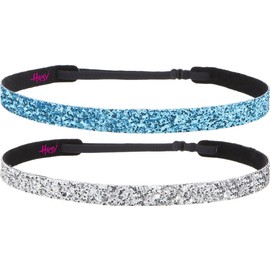 Hipsy 2pk Women's Adjustable NON SLIP Skinny Bling Glitter Headband Silver Duo Pack (Silver & Teal)