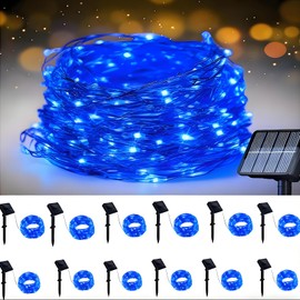 Kittmip 12 Pcs Mini Solar String Lights Solar Mini Teeny Tiny Fairy Firefly Twinkle Light Waterproof 16ft 50 LEDs Garden String for Outdoor Garden Backyard Christmas Decoration(Blue Light)