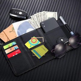 Fenzer Car Sun Visor Organizer, Multi-Pocket Visor Organizer Storage Pouch for Cars, SUVs & Trucks with Double Zippers, Elastic Bands & Glasses Clip - Organizes Essentials Keep Tidy (Black)
