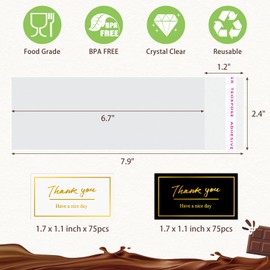 CLUEWR 150 PCS Knafeh Pistachio Chocolate Bar Wrappers with 150 PCS Thank You Stickers, 2.4 x 7.9 Inch Clear Self Adhesive Candy Bar Wrappers for Chocolate, Cookie, Soap, Wax Melt