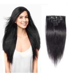 BeatStock, 16 Clips Head 6 Piece STRAIGHT Hair Extensions For Women and Girls For Increase Instant Length, 24 inch (Black)