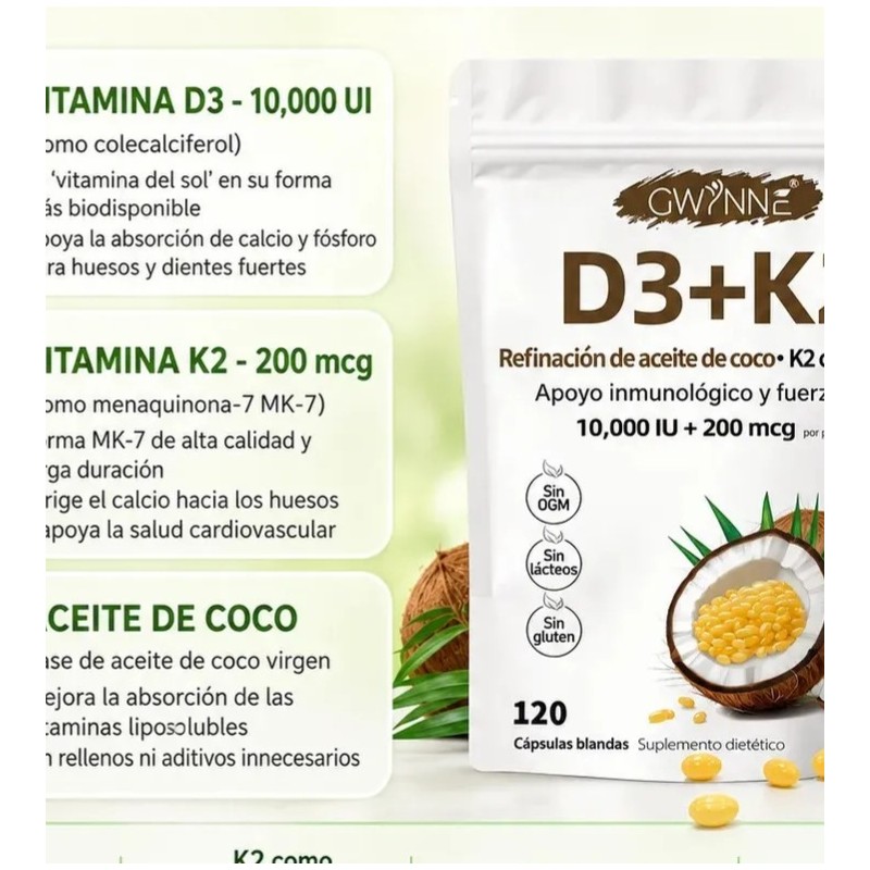 Gwynne Vitamina D3 10.000ui K2 Mk-7 200mcg,120 cápsulas,2 En 1
