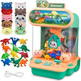 Claw Machine for Kids, Dinosaur Vending Toy for Boys, Mini Candy Grabber Prize Dispenser with Sound, 12 Dinosaur Figures 10 Mini Plush Toys, Electronic Arcade Game for Home Party Birthday Gift