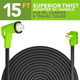 Leisure Cords 90 Degree 15FT Power Extension Cord with 50 AMP Male Standard / 50 AMP Female 90 Degree Locking Adapter (15FT)