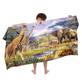 Ulticool Safari Animals Nature Giraffe Elephant Towel - Child Girl Boy - Quick Drying Microfibre Bath Towel - 140 x 70 cm - Travel Fitness Gym Sports Spa Yoga - Beige Khaki
