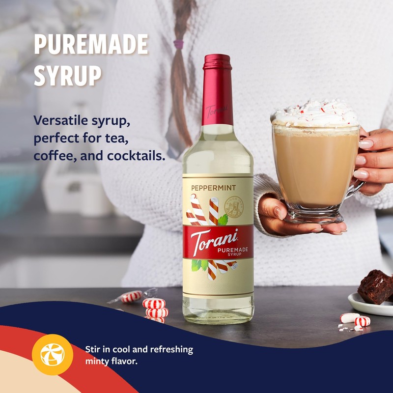 Torani Puremade Syrup, Peppermint Flavoring for Drinks, Glass Bottle with
