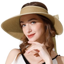 Livingston Beach Hats for Women Foldable Chin String UV Protection Roll Up Bow Visor Hat Ponytail Summer Straw Straw Sun Hats for Women Natural