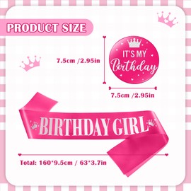 Birthday Sash for Women Birthday Girl Sash Party Decorations and It's My Button Glittery Metal Pin Its My Pin Badge for Party Decoration(Hot Pink)
