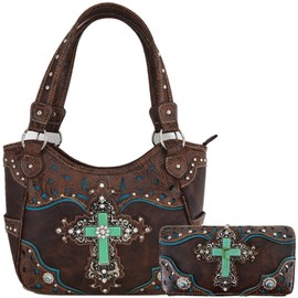 Western Style Rhinestone Cross Conchos Studded Women Purse Tooled Leather Handbag Country Shoulder Bag Trifold Wallet Set (Coffee Set)