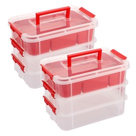 BTSKY 3-Layer Plastic Craft Storage Container with Removable Tray, Stackable Art & Craft Supply Storage Organizer Multipurpose Portable Sewing Box for Bead, Tool, Office Supplies (Red-2 Pack)