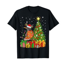 Xmas Tree Lighting Santa Hat American Robin Bird Christmas T-Shirt