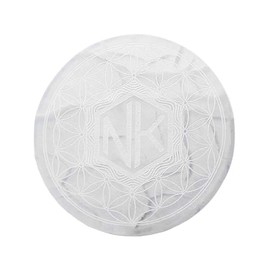 NKlaus Selenit Aufladeplatte Ø12cm – Lebensblume Gravur, energetische Unterlage für Kristalle, Heilsteine & Schmuck, spirituelle Reinigung