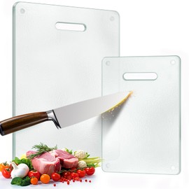 Tempered Glass Cutting Board for Kitchen, 2PCS Clear Chopping Board with Handle (16"x12" & 12"x8"), Scratch Resistant, Heat Resistant, Dishwasher Safe, Non Taxic, Easy to Clean