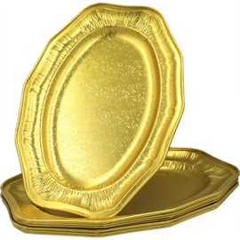 Sunrise Packaging Oval Aluminium Foil Platter [14” x 9.5”] Large Foil Tray, Food-Grade, Reusable Aluminium Foil Tray Container, Non-Stick, Washable, Gold, 5