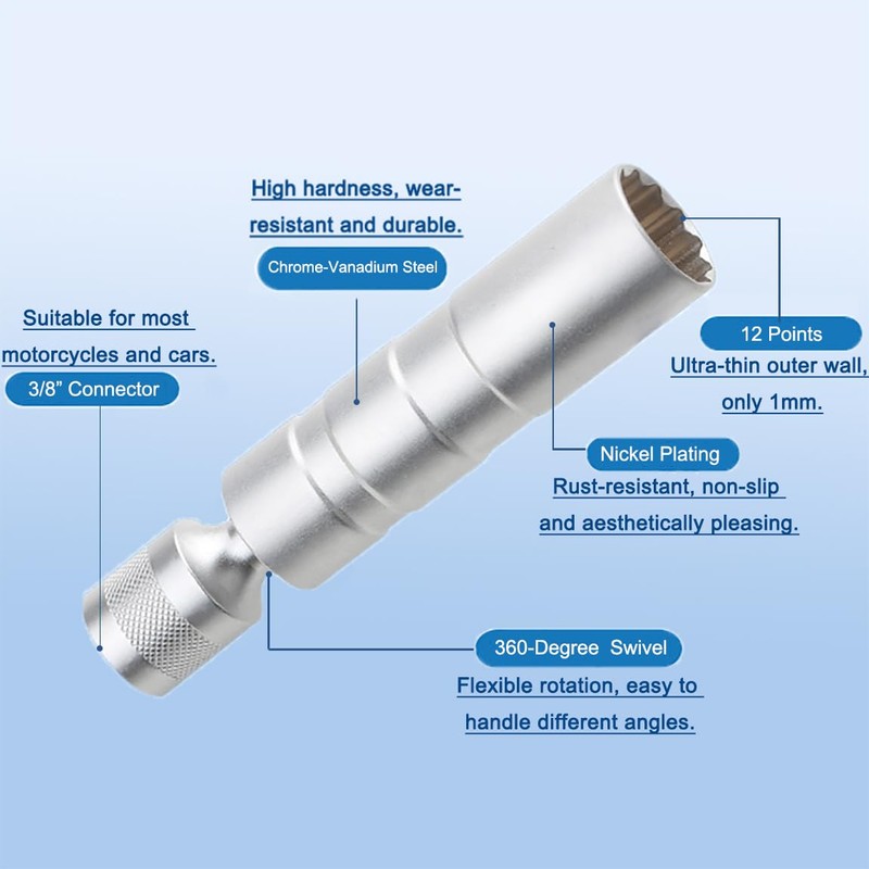 Resze 5/8-Inch（16mm） Thin Wall Spark Plug Socket,12 Points 3/8" Drive