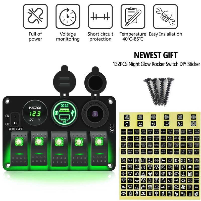 FXC Waterproof Rocker Switch Panel Green 5 Gang with QC3.0