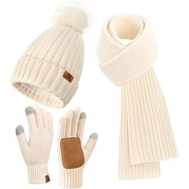 Womens Winter Beanie Hat Scarf Gloves Set Warm Knit Beanie with Pom Pom Long Scarf  Warmer Touchscreen Gloves - Color: Apricot