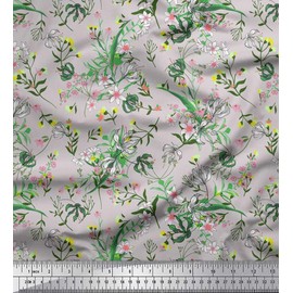 Soimoi Grey Poly Georgette Fabric Leaves,Berries & Clematis Floral Print Fabric by the metre 52 Inch Wide