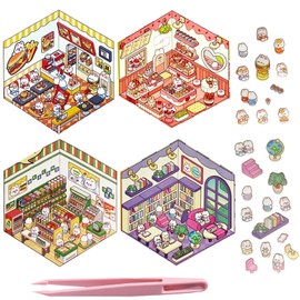 3D Sticker Scene, 3D Stickers, 4 Sets Fun DIY 3D House Stickers with Tweezers, Top Model Sticker Books, Cute Cartoon Sticker Scene for Adults and Kids Relief Stress