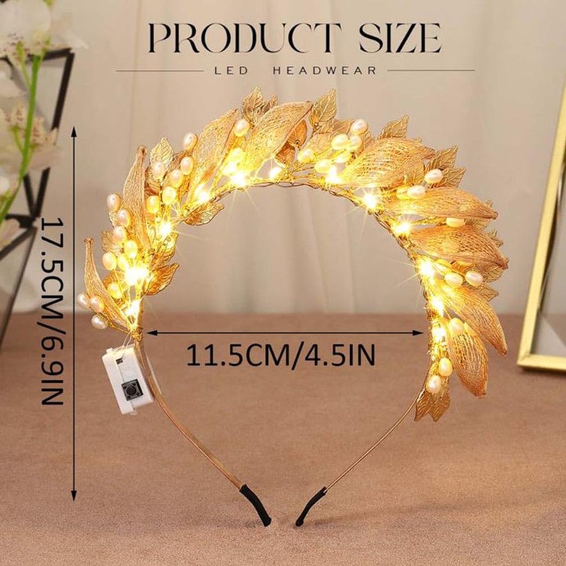 Unicra Gold Leaf Bridal Wedding Headband Light up Hair Band