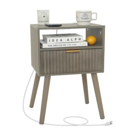 Fultyle Night Stand with Charging Station, Modern Bedside Table with Drawer and Solid Wood Legs, Fluted Side End Table for Bedroom, Living Room, Small Space (Grey)