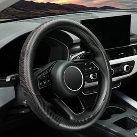 YHONGJT Microfiber Leather Breathable Ice Silk Anti-Slip Absorbs Sweat Car Steering Wheel Cover, Universal Fit 15 Inch, Fit Vehicles, Sedans, SUVS, Vans, Trucks - Black