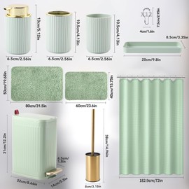 Green and Gold Bathroom Accessories Set 9 PCS, Bathroom Sets with Stainless Steel Trash Can,Toilet Brush and Plastic Toothbrush Set,Soap Dispenser and Shower Curtain, 2PCS Rugs for Bath Decor