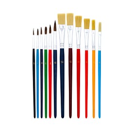 TSI 49111 School Paint Brush Set, 12 Pieces, Hair Brush 1,2,4,6,8,10, Bristle Brush 4,6,8,10,12,14, Shaft Coloured Varnished