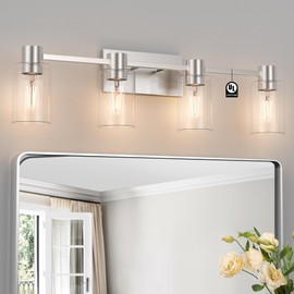 Esfos 4-Light Modern Vanity Light Fixtures Over Mirror, Brushed Nickel Bathroom Light Fixtures, Vanity Lights, Wall Sconce with Clear Glass Shade for Bathroom, E26 Base