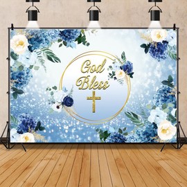 Leowefowa Vinyl 10x8ft God Bless Backdrop Baptism Photography Backdrop Blue and White Flower Background First Communion Christening Party Decor Baby Shower Background Photo Booth Studio Props