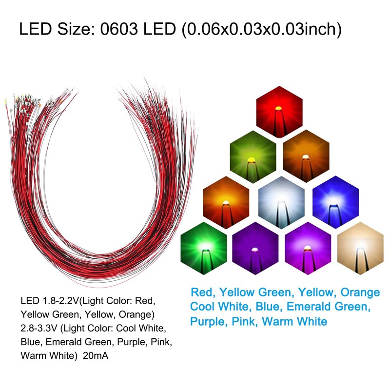 PATIKIL 0603 Pre-Wired Micro LED Set, 100 Pcs Pre-soldered Mini