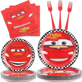 96Pcs Cars Birthday Party Decorations, Cars Plates and Napkins Party Supplies, Race Car Paper Plates, Cars Checked Party Plates for Kids Birthday Decor, Serves 24 Guests