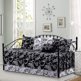 Home Soft Things La Boheme Black White 6 Piece Quilted Microfiber Daybed Bedding Cover Set 75" x 39" with Bedskirt, Pillow Shams, Decorative Pillow, Rustic Shabby Chic Lightweight Coverlet Quilt Set