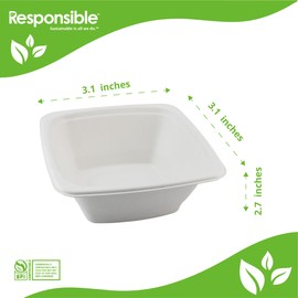 Responsible Products 32 oz Square Bowls, Tree-Less™ Compostable Molded Fiber Bowls, Extra Strength, Tree-Free and Made Without PFAS, White (50 Count)