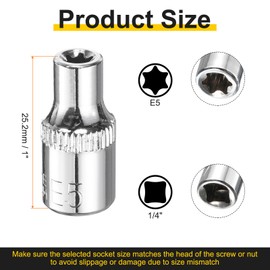 HARFINGTON 3pcs E-Torx Socket 1/4" Drive E5 Star Female Socket 1" Length External Torx Deep Sleeve CR-V Chrome Plating 6 Point Spline Sleeve for Auto Repairs Home Maintenance