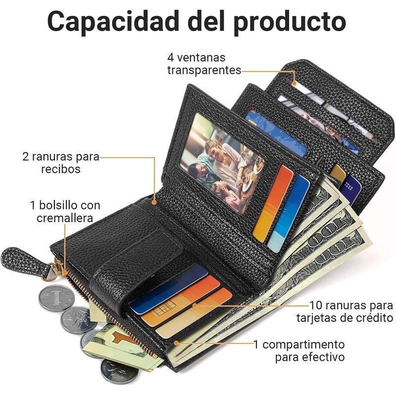 Cartera para Mujer Pequeña，Carteras de Cuero Plegable y Compacta
