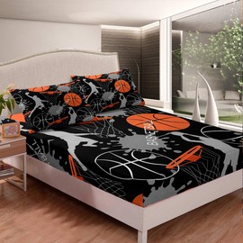 Basketball Fitted Sheet for Kids Boys Girls Teens Sport Theme 3D Basketball Star Slam Dunk Bed Sheet Set Skin-Friendly Microfiber Bed Cover Decor 3Pcs Bedding Set with 2 Pillowcases Queen